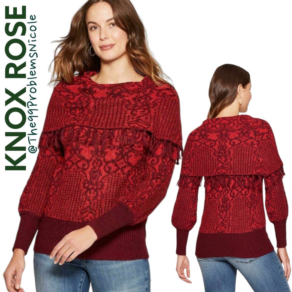 Knox Rose Off the Shoulder Jacquard Sweater with Fringe